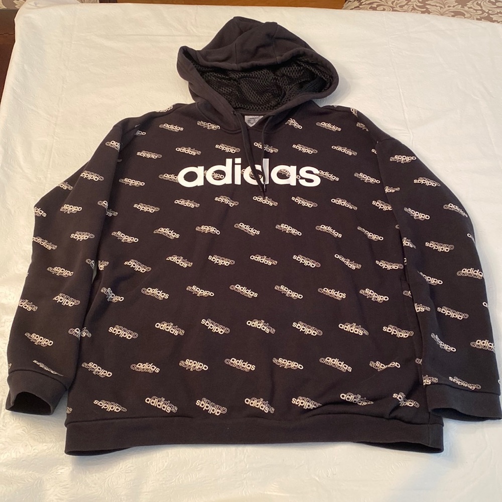 Adidas Black/ White Logo Pullover Hooded Sweatshirt- Mesh Lined Hood- Si…